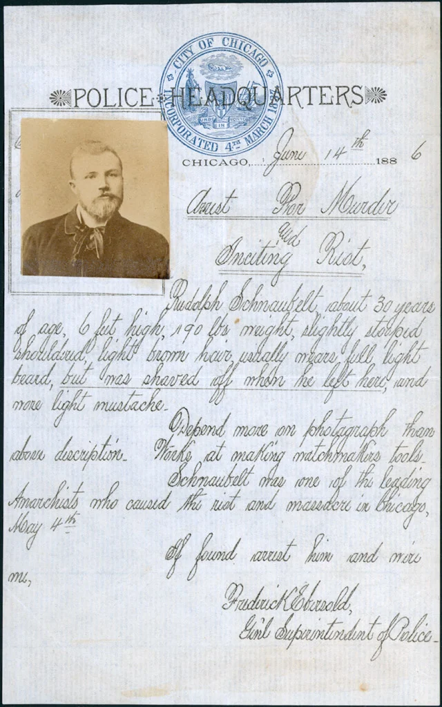 Orden de arresto de Frederick Ebersold, 1886, por asesinato e incitación a disturbios tras Haymarket.
