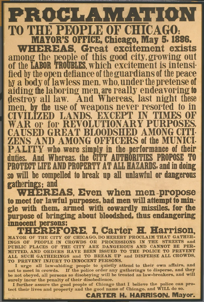 Proclamación de la Alcaldía de Chicago, 5 de mayo de 1886, tras los sucesos de Haymarket