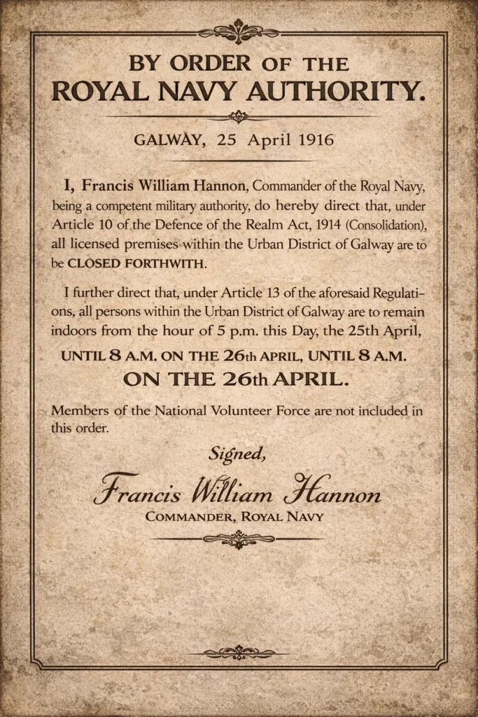 Illustrative reproduction of a Royal Navy notice issued in Galway during the Easter Rising (1916)