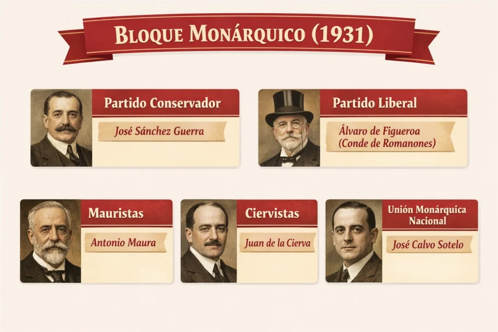 Bloque monárquico (1931) con partidos y líderes principales.