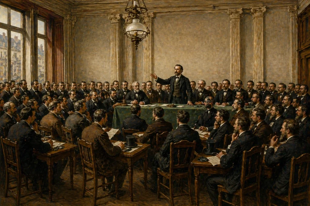 Representación de un congreso obrero internacional en París en 1889 con delegados reunidos en una sala.