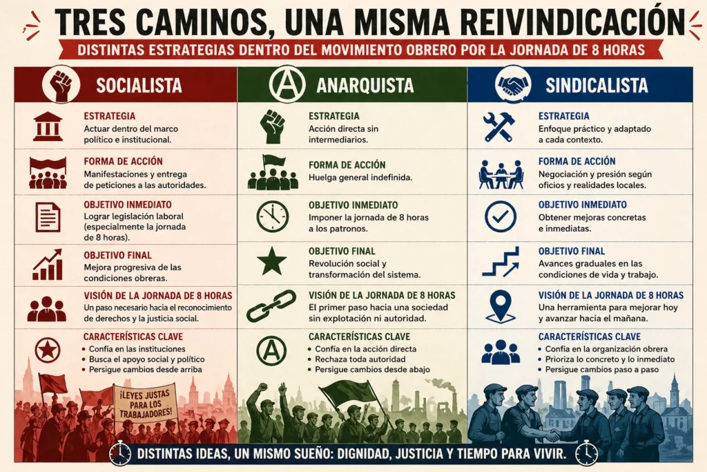 Infografía comparativa que muestra tres corrientes del movimiento obrero —socialista, anarquista y sindicalista— destacando sus estrategias, formas de acción y objetivos en relación con la reivindicación de la jornada laboral de ocho horas.