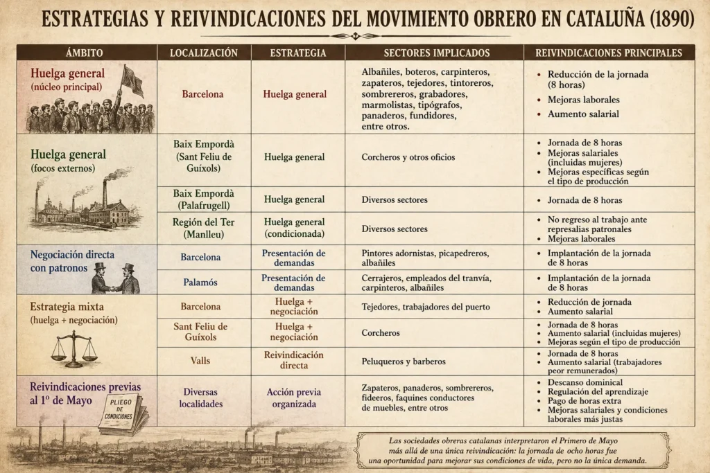 Infografía de estilo histórico que muestra una tabla con las estrategias, sectores y reivindicaciones del movimiento obrero en Cataluña en 1890, incluyendo huelgas generales, negociación con patronos y demandas laborales.