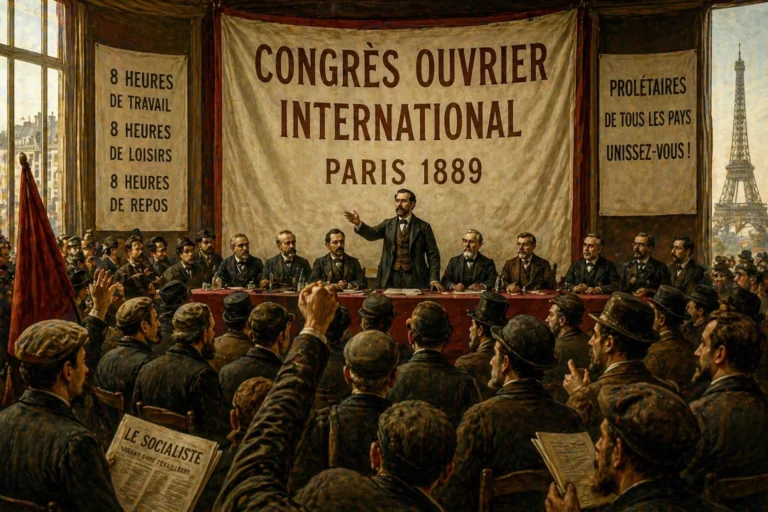 Representación de un congreso obrero internacional en París en 1889 con delegados reunidos en una sala.