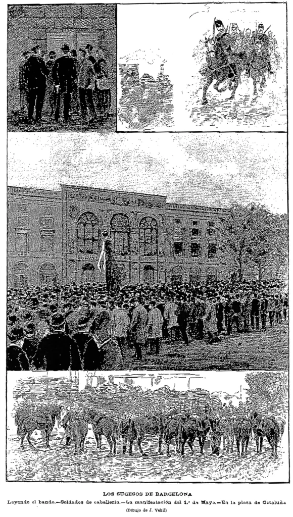Ilustración de prensa de 1890 que muestra manifestaciones del Primero de Mayo en Barcelona con presencia de caballería y concentración de trabajadores.