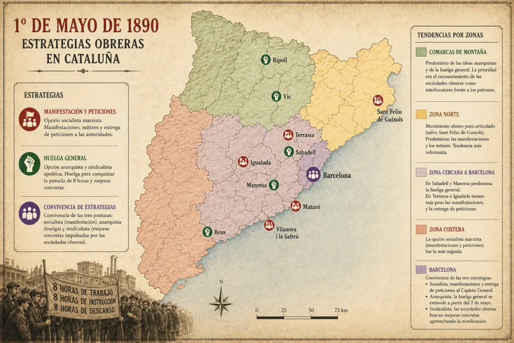 Mapa histórico de Cataluña que muestra las diferentes estrategias del movimiento obrero el Primero de Mayo de 1890, diferenciando entre manifestaciones, huelga general y convivencia de estrategias, junto a las principales tendencias por zonas.