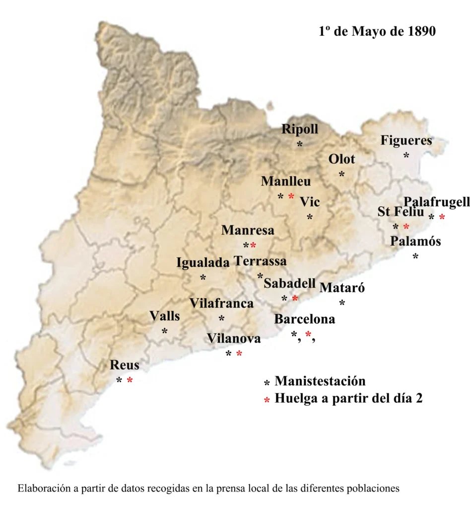 Mapa de Cataluña que muestra las manifestaciones y huelgas del 1º de mayo de 1890 en diferentes ciudades como Barcelona, Sabadell, Manresa y Reus.