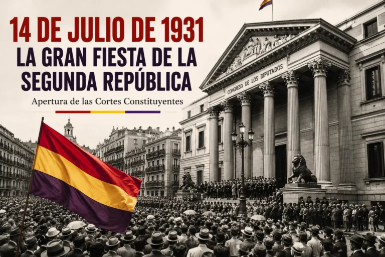 Multitud frente al Congreso de los Diputados durante la apertura de las Cortes Constituyentes de la Segunda República el 14 de julio de 1931, con una bandera republicana en primer plano.