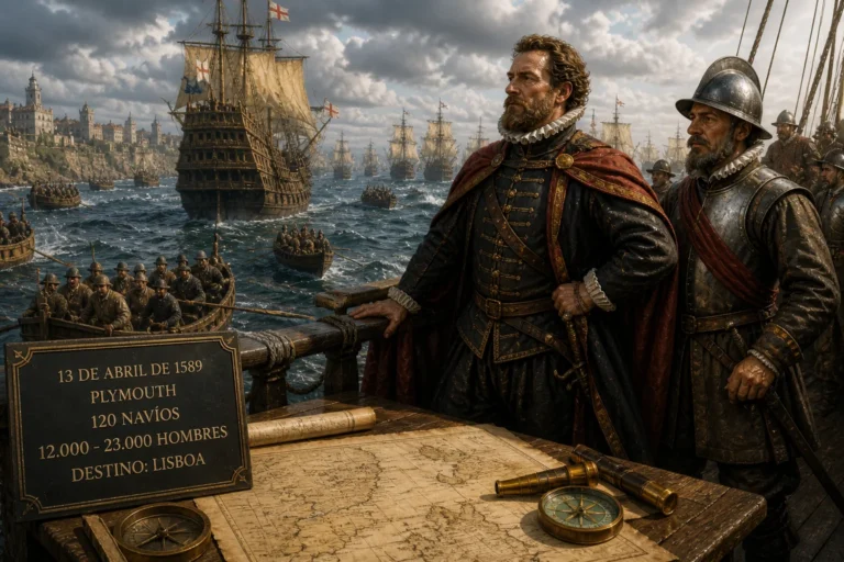 Expedición inglesa de 1589: la flota de Francis Drake rumbo a A Coruña (imagen generada por IA)