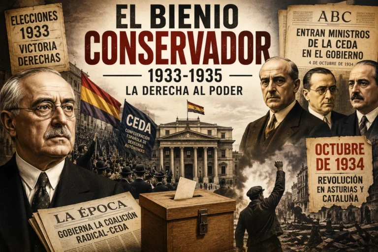 Composición histórica sobre el Bienio Conservador (1933-1935) en España con retratos de líderes políticos, símbolos de la CEDA, manifestaciones y referencias a la Revolución de Octubre de 1934.