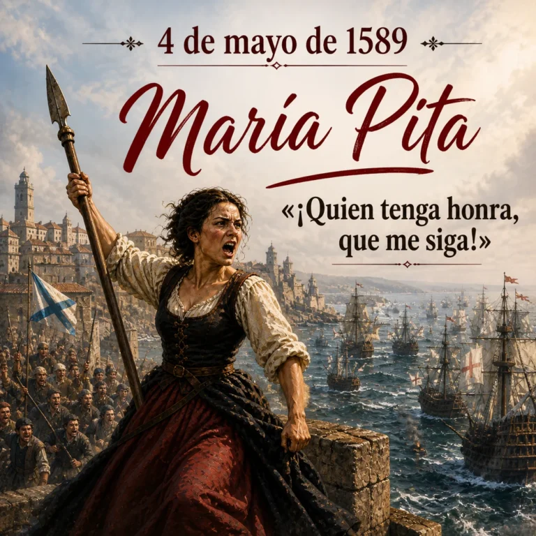 María Pita defendiendo A Coruña durante el ataque inglés de 1589 frente a la flota de Francis Drake, imagen generada por Ia