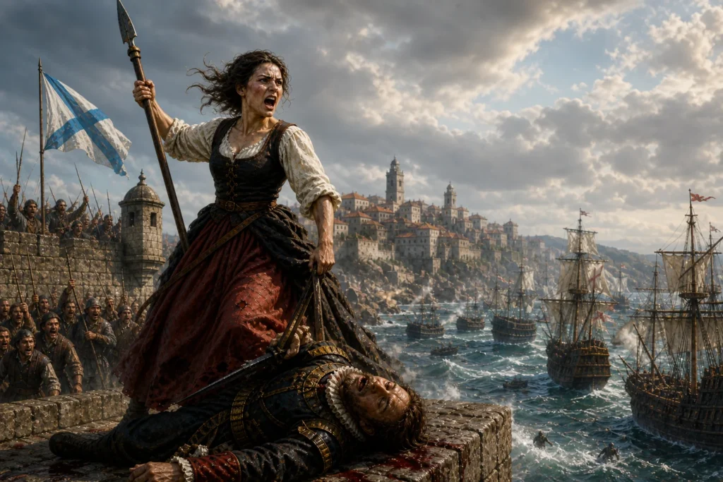 María Pita defendiendo A Coruña durante el ataque inglés de 1589 frente a la flota de Francis Drake, imagen generada por IA