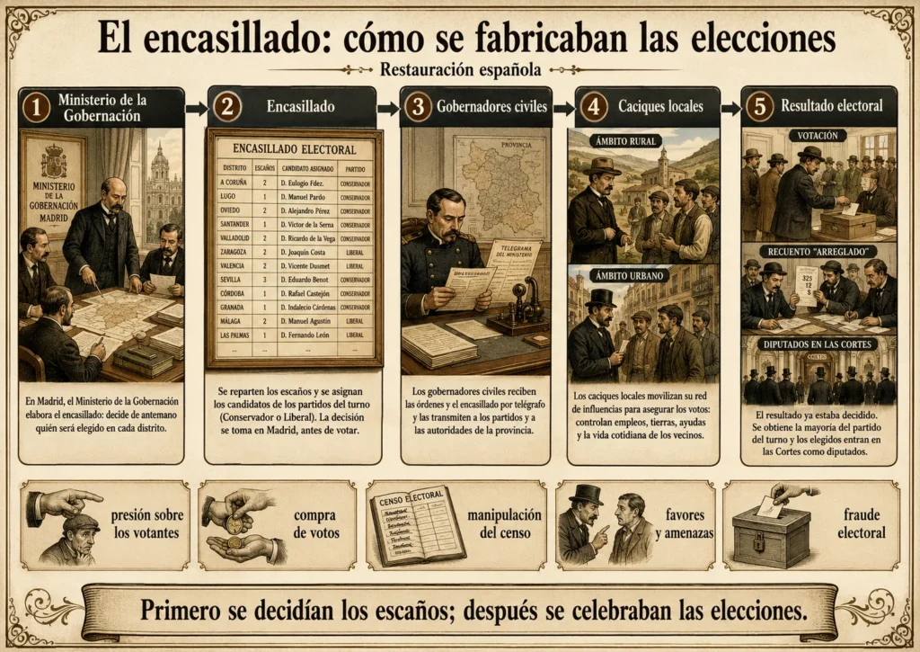 Infografía que explica el encasillado electoral durante la Restauración española, desde el Ministerio de la Gobernación hasta los caciques locales y el resultado electoral manipulado.