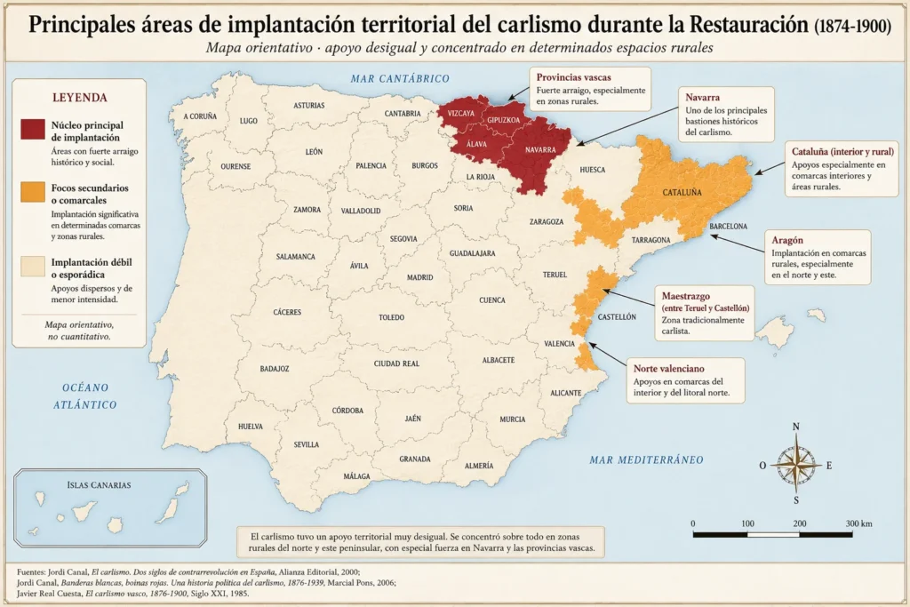 Mapa de España con las principales zonas de apoyo al carlismo durante la Restauración, concentradas en Navarra y las provincias vascas, y con focos secundarios en la Cataluña interior y rural, Aragón, el Maestrazgo y el norte valenciano.