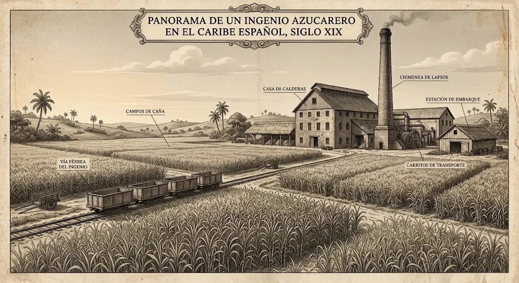 Ilustración en blanco y negro de estilo documental que representa un paisaje de ingenio azucarero cubano del siglo XIX, con campos de caña en primer plano y las instalaciones industriales del ingenio al fondo.